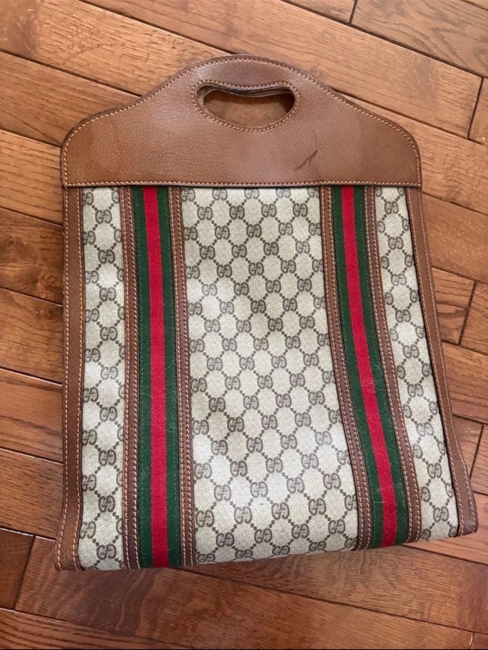 Gucci Beige GG Canvas Tote with Brown Leather and Green-Red Web